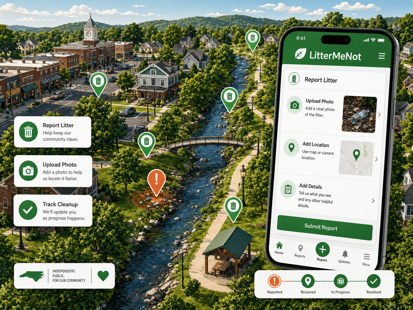 LitterMeNot mobile report flow over a local cleanup map with public litter pins