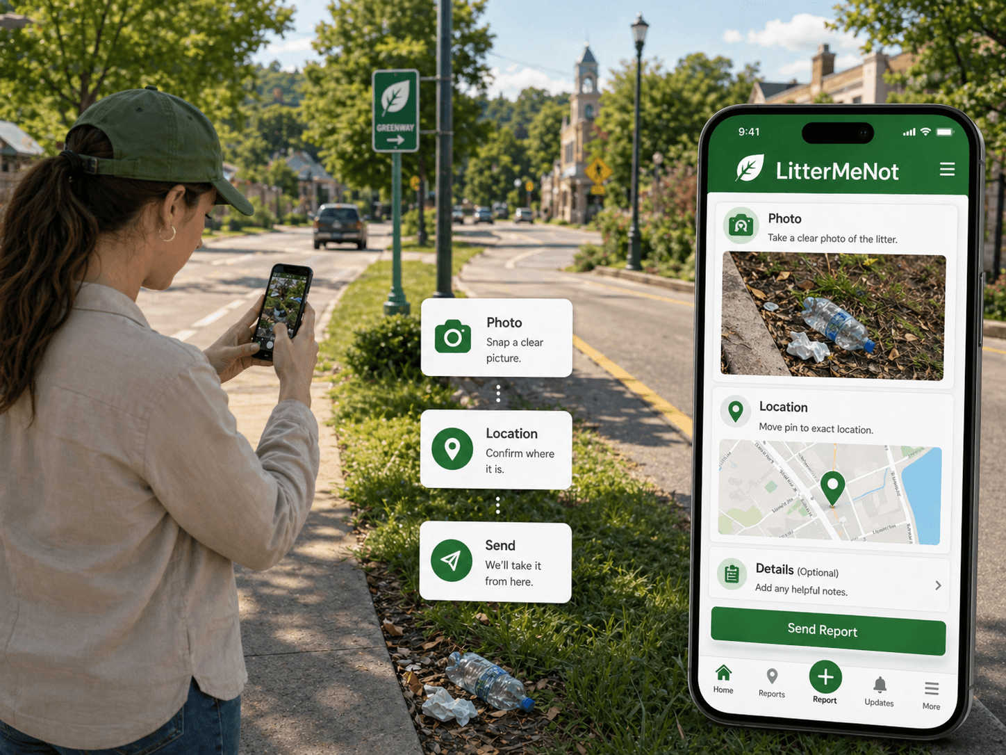 A person safely using LitterMeNot to photograph litter and send a quick report