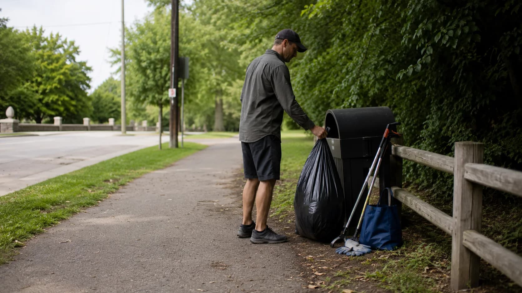 Adult placing a tied cleanup bag near a public disposal bin with cleanup tools nearby